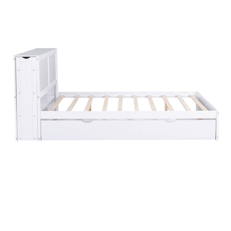 Wooden Storage Platform Bed with Bookcase Headboard, Full/Queen Bed Frame with Twin Size Trundle and Pull Out Shelves