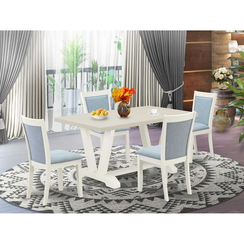 HomeStock 5-Piece Wire Brushed Linen White Finish Solid Wood Top Dining Table with 4 Upholstered Chairs