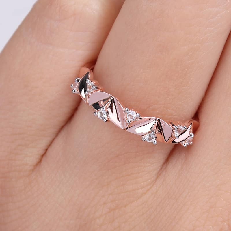 Miadora White Topaz Leaves Stackable Band Ring in Rose Plated Sterling Silver
