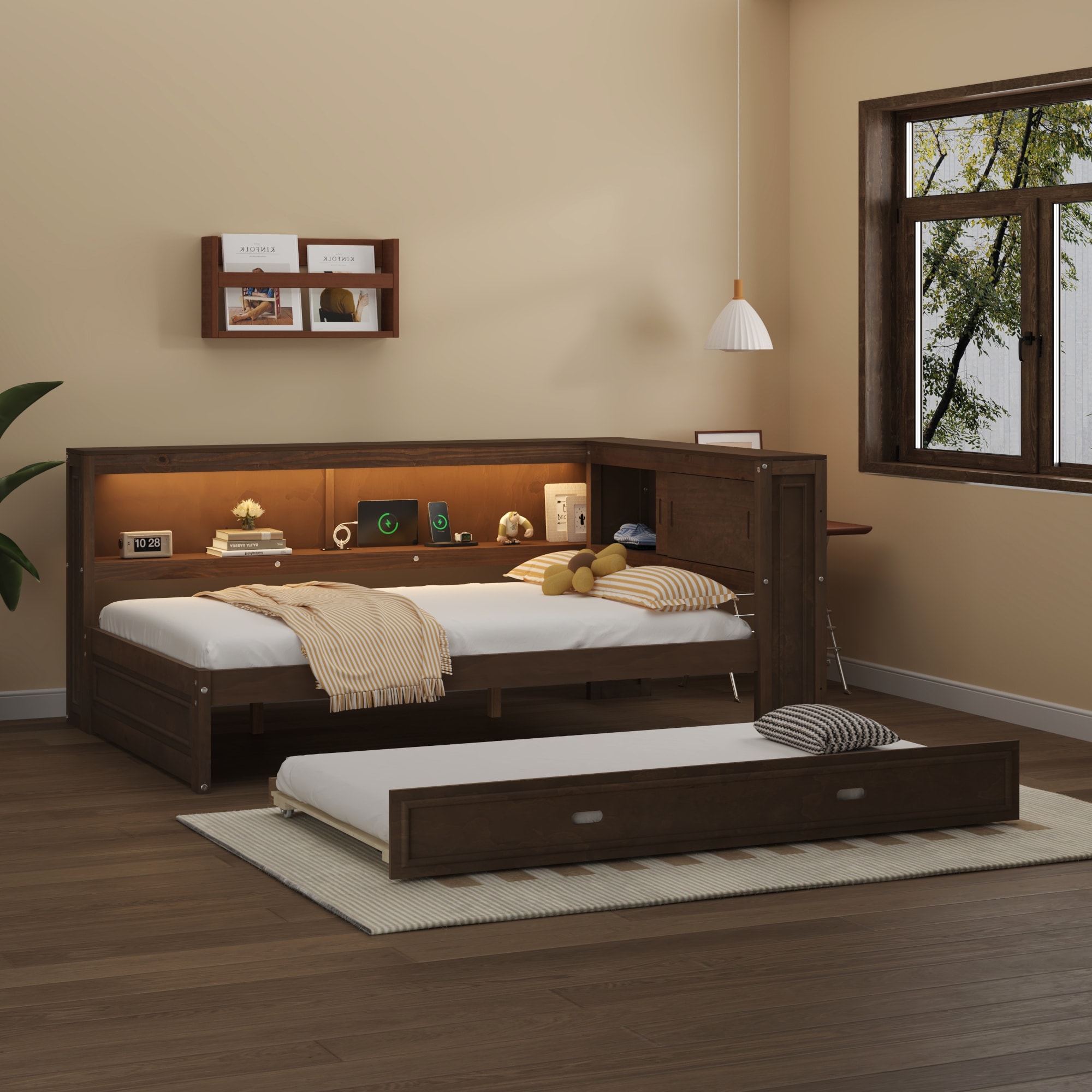 Full Size Wood Daybed With Storage Shelves,Usb,Led,And Trundle,Antique Wood Color