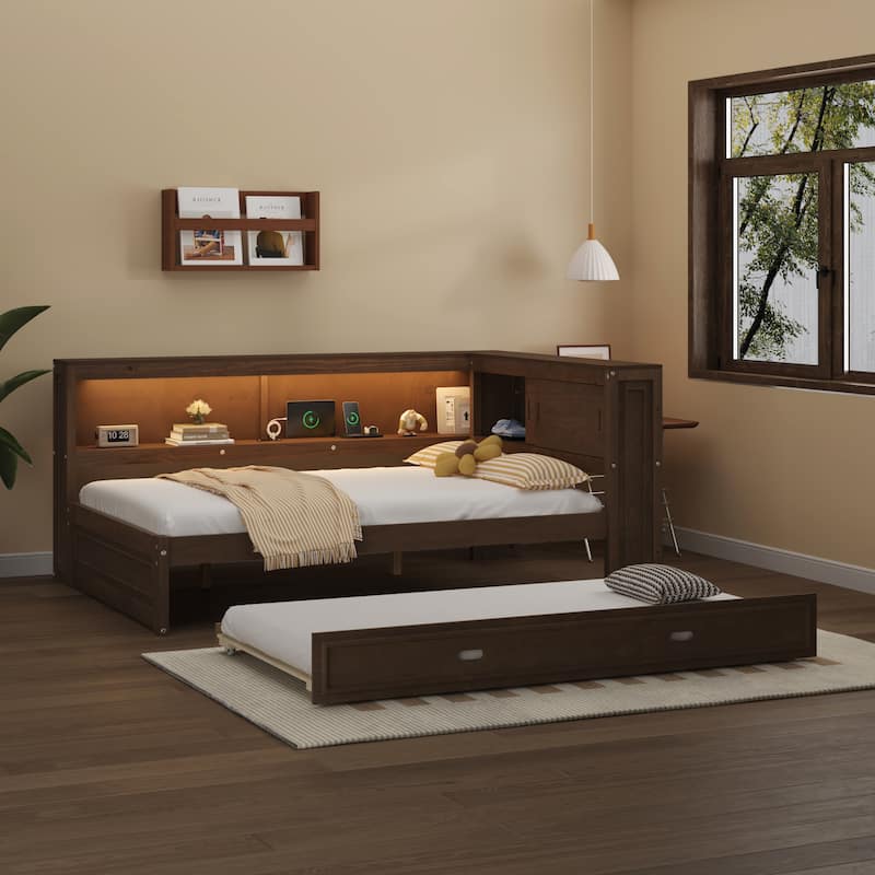 Full Size Wood Daybed with Storage Shelves and Trundle