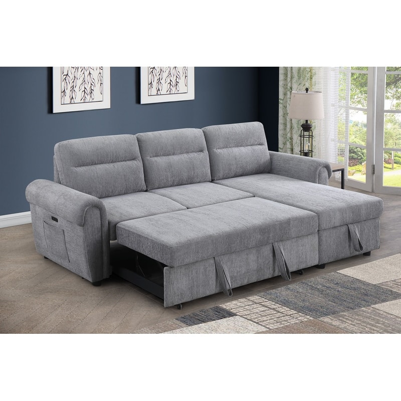 Hugo 97"W Chenille Rev. Sleeper Sectional Sofa Chaise USB Chargers, Phone/Magazine Pockets