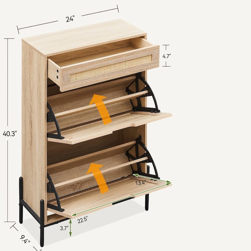 Rattan Shoe Storage Cabinet with 2 Flip Door and Drawer - N/A