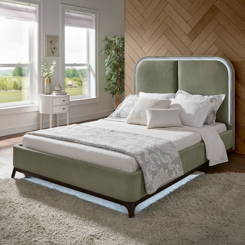 Tremont Curved LED Upholstered Platform Bed with Under-Bed Lighting by iNSPIRE Q Modern - Moss Green - Queen