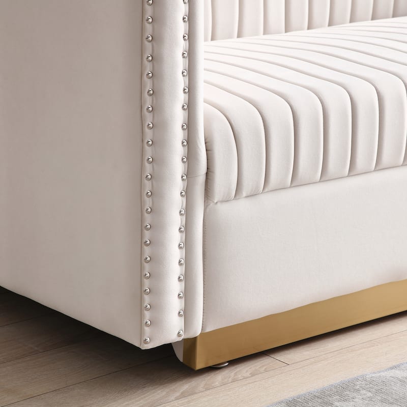 78" Velvet 3-Seater Sofa with Vertical Channel Tufting, Gold Base, Nailhead Trim, and 2 Pillows