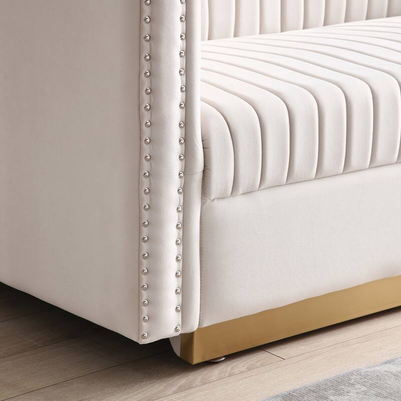 Velvet Sofa with Channel Tufting, Nailhead Trim - 3-Seater