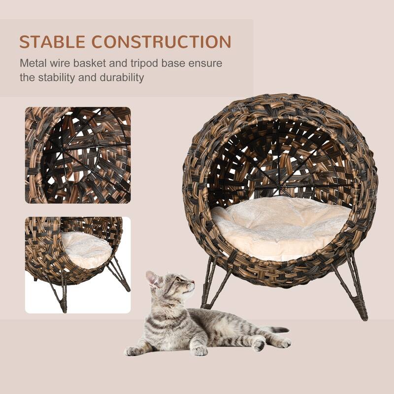 PawHut 20.5" Natural Rattan Cat House, Elevated for Comfort and Circulation, Cushion Included as Animal Bed