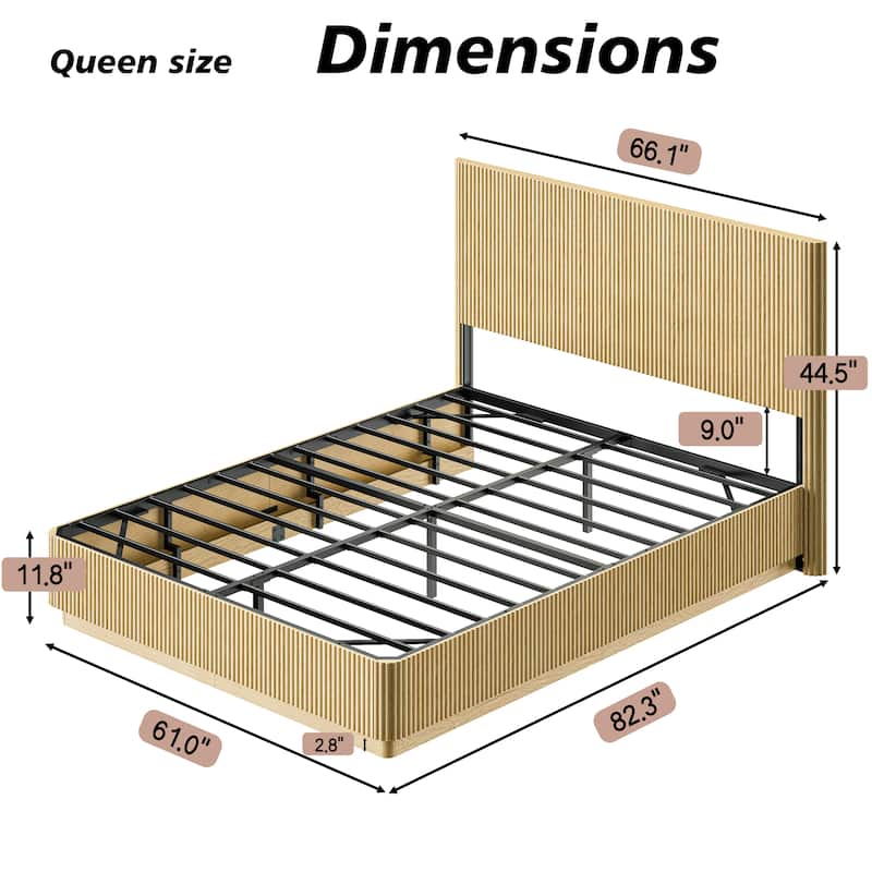 Low Profile Bed Frame with High Headboard, LED Light Strip Under Bed, Wooden Corrugated Curved Platform Bed, Metal Frame Support