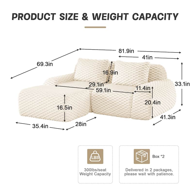 82" Modern L-Shaped Modular Sectional Sofa, Flannelette Fabric Oversized 2-Seater with Movable Ottoman & No-Assembly Design