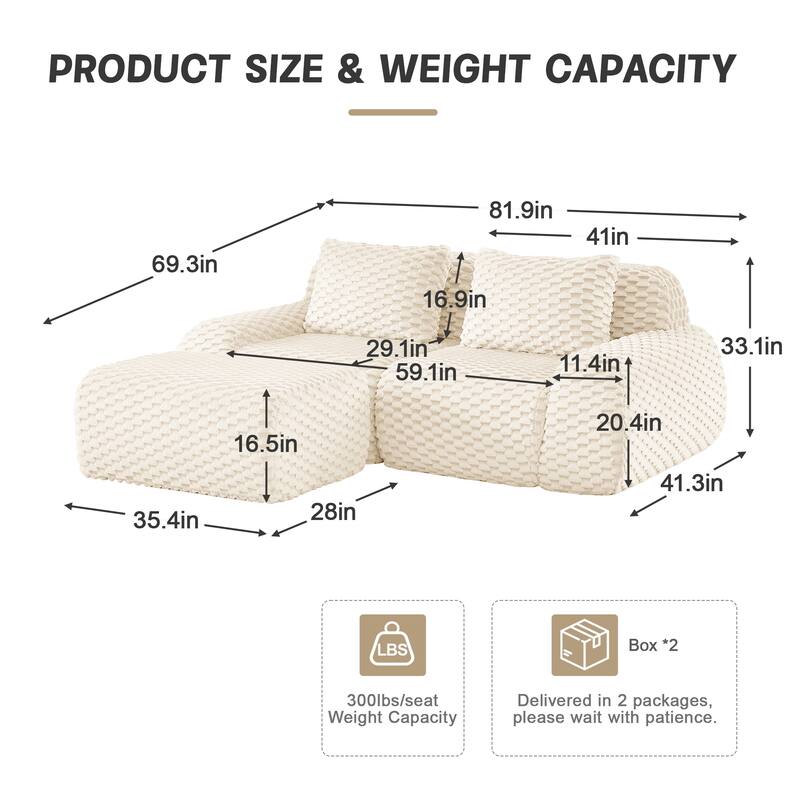 L-Shaped Modular Sectional Sofa for Living Room, Modern Upholstered Sofa Oversized Boneless Deep Seat Couch with Movable Ottoman