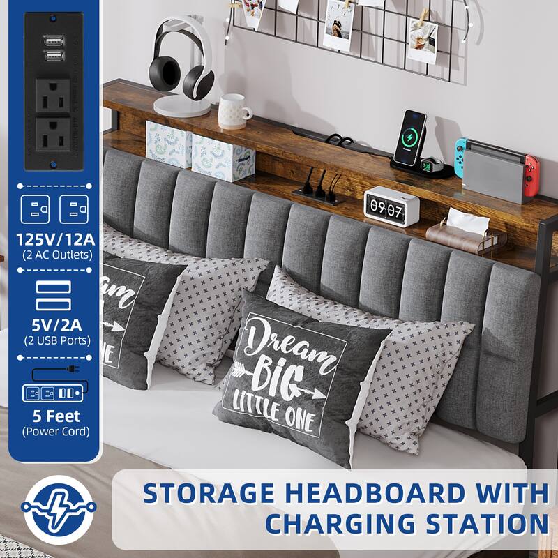 Moasis Lift-Up Storage Bed Frame with Charging Station & Storage Headboard