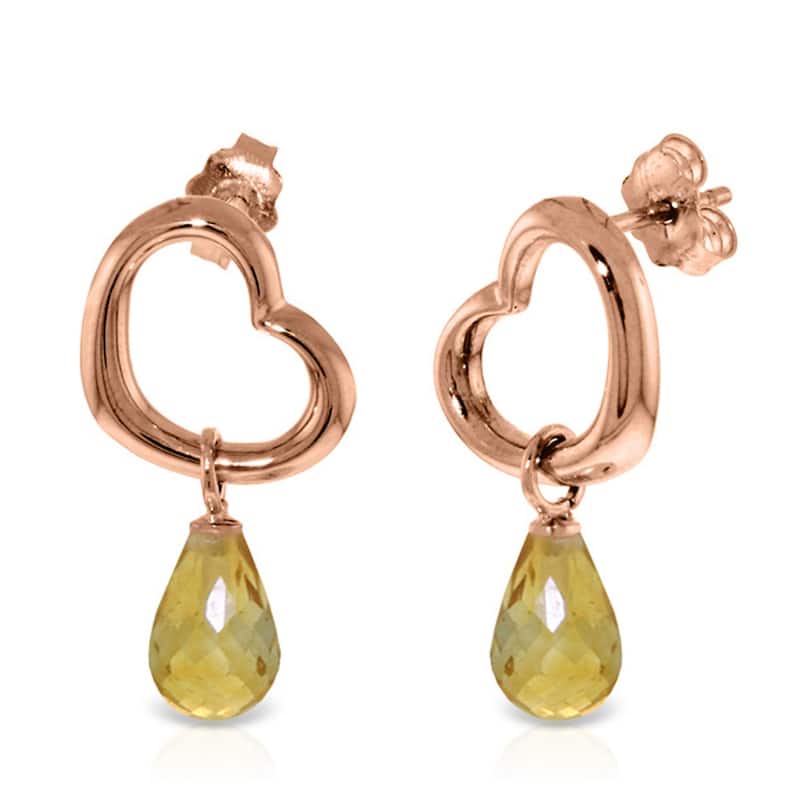 14K Solid Gold Heart Gemstone Earrings w/ Dangling Natural Citrines - Rose