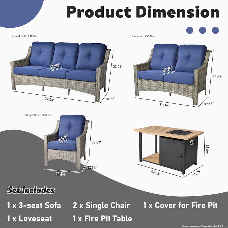 XIZZI 5-piece Patio Furniture Wicker Outdoor High Back Sofa Set with Fire Pit