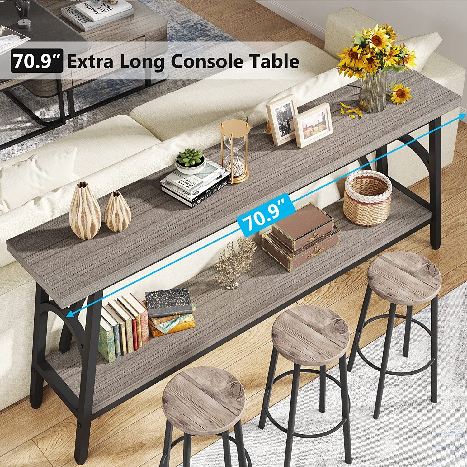 70.8 Extra Long Console Table Narrow Sofa Tables with 2 Tier Storage Shelves On Sale Bed Bath Beyond 37191183