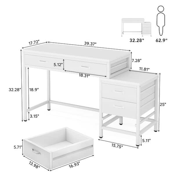 dimension image slide 3 of 7, Computer Desk with 5 Drawers, Reversible Writing Desk with File Cabinet Printer Stand