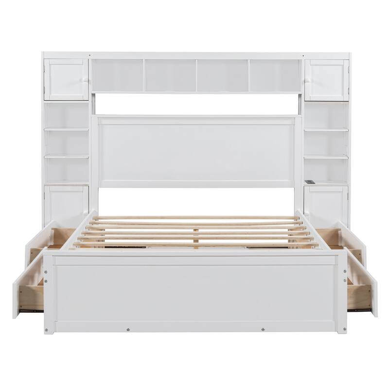 Queen Platform Bed Wood Slat Support Bed Frame with 4 Storage Drawers & Headboard All-in-One Cabinet, Shelf and Sockets, White