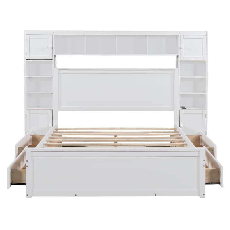 Queen Size Wooden Bed with Built-in Outlets, Storage Drawers, and Shelves, White