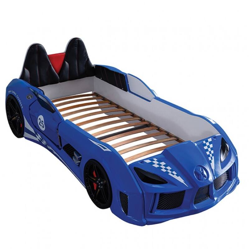 Ticy Twin Size Car Bed w Remote Control LED, Faux Leather Upholstery, Blue