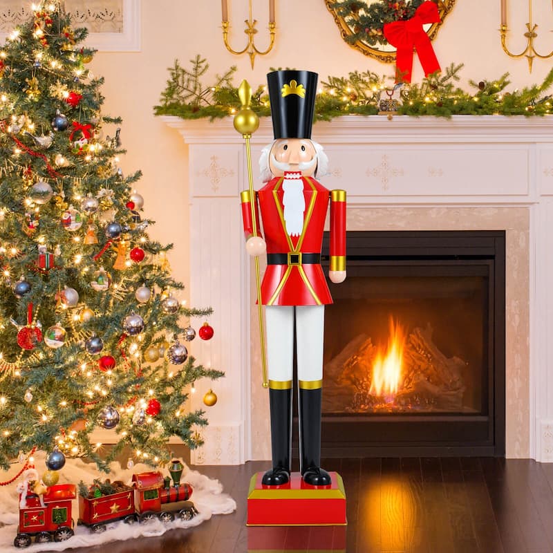 Costway 4’ Christmas Nutcracker with High Hat & Beautiful Scepter, - See Details - Black+Red