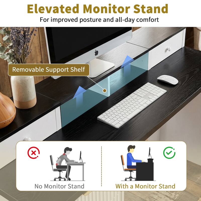 59" Modern Fluted L-Shaped Desk with Charging Station & Storage Cabinet Home Office Computer Desk with Monitor Stand