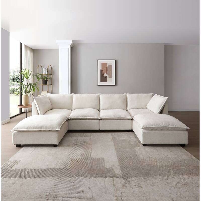 Chenille Upholstered Sectional Sofa with 2 Ottoman Chaise Lounge and Throw Pillows, Deep Seat Sleeper Cloud Couches, 4 Seat