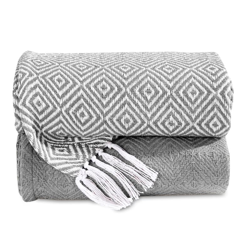 Handwoven Luxurious Cotton Sofa Couch Bed Throw Blankets All Season - Set of 2 (50''x60'') - Diamond Grey