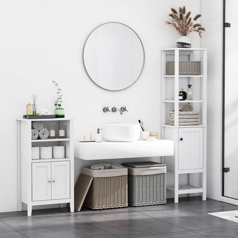 HOMCOM Freestanding Wood Bathroom Storage Tall Cabinet Organizer Tower with Shelves & Compact Design, White