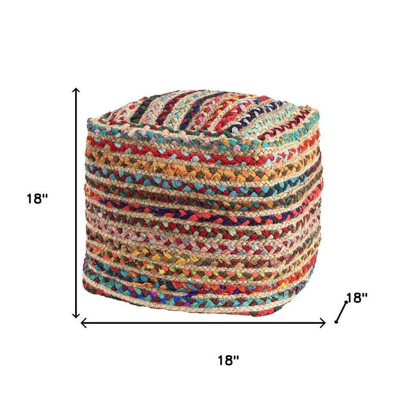 HomeRoots 18" Natural and Rainbow Braided Jute And Polyester Striped Pouf Ottoman