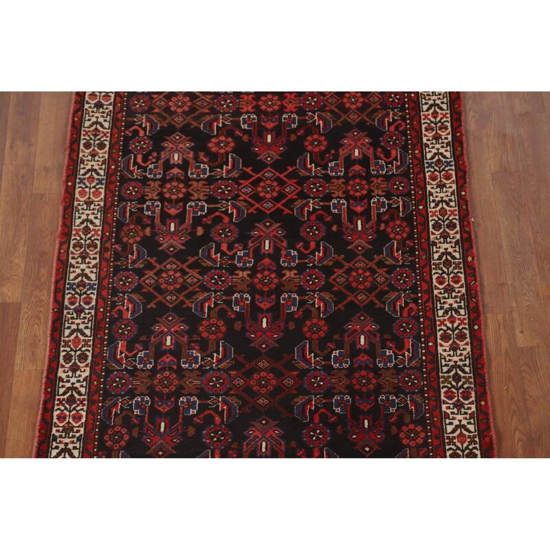 All-Over Hamedan Persian Vintage Runner Rug Hand-Knotted Wool Carpet - 3'8" x 10'2"
