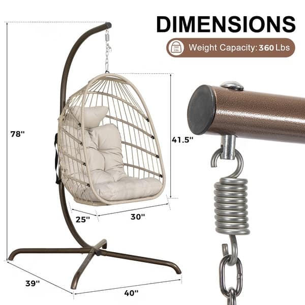 dimension image slide 4 of 5, Oversized 1-Person Foldable Hanging Egg Chair - Wicker Swing Chair with Stand, Portable for Indoor Outdoor Patio