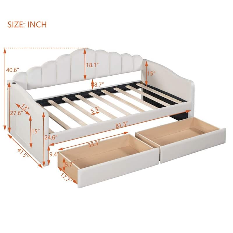 Twin Size Upholstered Daybed with 2 Drawers ,Velvet Sofabed with USB Charging Ports,No Box-Spring Needed