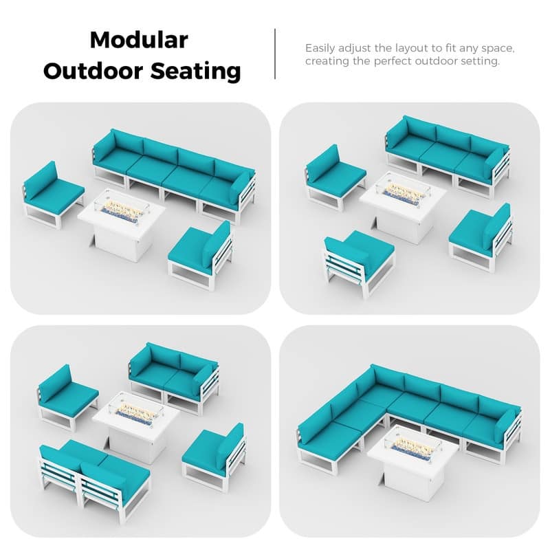 7 Piece Aluminum Patio Furniture Set with Fire Pit Propane/Natural Gas, 29 inch Deep Wide Seat Aluminum Outdoor Sectional