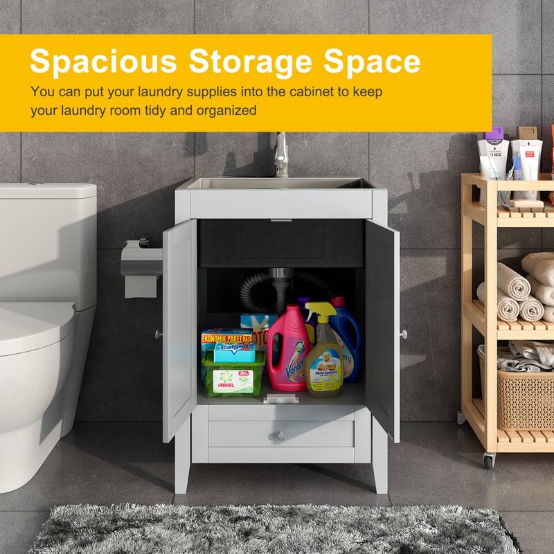 24 inch Laundry Cabinet Utility Sink Vanity, Stainless Steel Sink, Faucet and Cabinet Combo