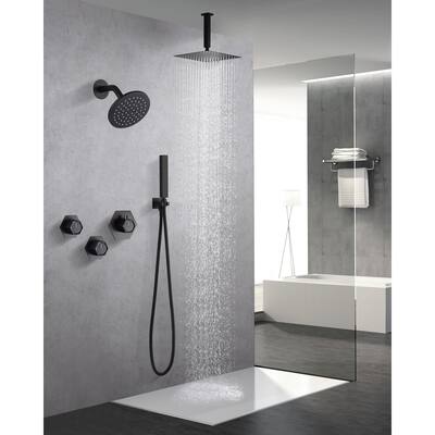 Dual Heads Thermostatic Shower Faucet Slide Bar 12"Rainfall & High Pressure 6"Shower System with Rough-in Valve