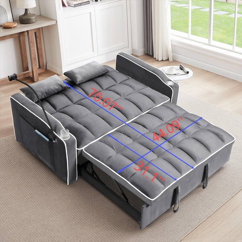 3 in 1 Convertible Sleeper Sofa Bed, Velvet Sleeper Bed with USB Port, Adjustable Backrest & Swivel Phone Stand