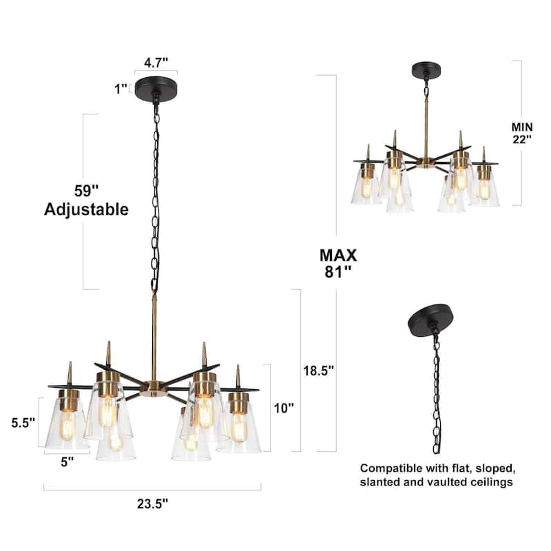 Aditi Mid-century Modern 6-Light Wheel Round Black Gold Bedroom Chandelier for Dining Room with Seeded Glass - D 23.6"* H 18.1"