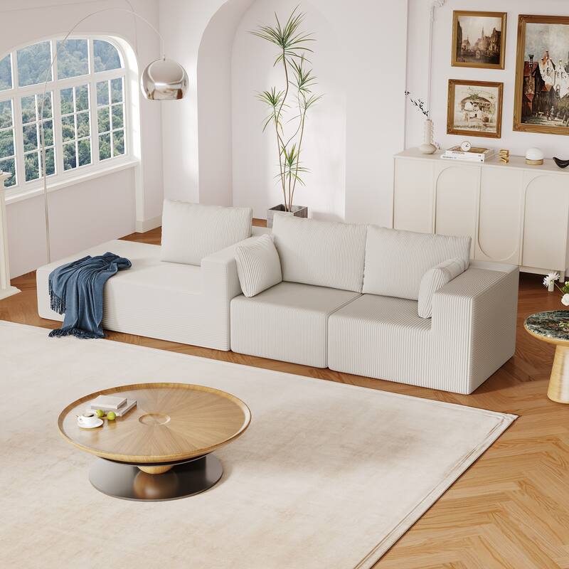 L Shaped Sectional Foam Sofa, Upholstered Corduroy Fabric Sofa, Modular Cloud Couch with Chaise Lounge & Removable Covers