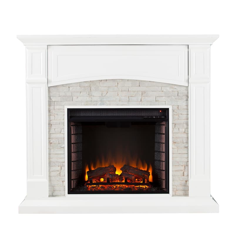SEI Furniture Helliwell Electric Media Fireplace with White Faux Stone Mantel and Media Storage