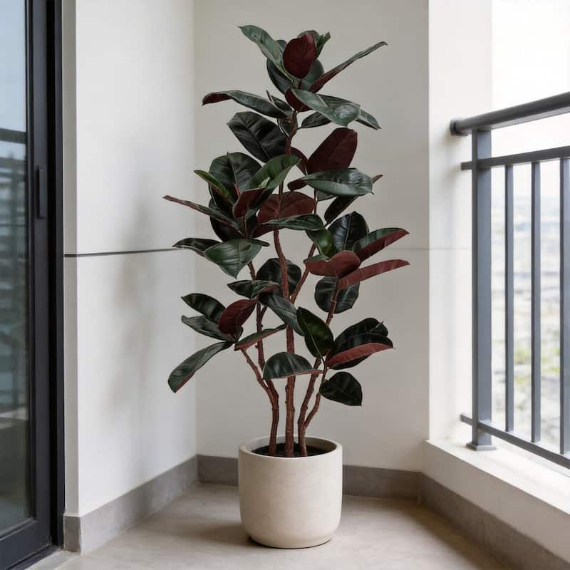 4 ft. Artificial Rubber Tree, Faux Green Plant with Bendable Branches in Black Cement-Filled Nursery Pot, Low Maintenance