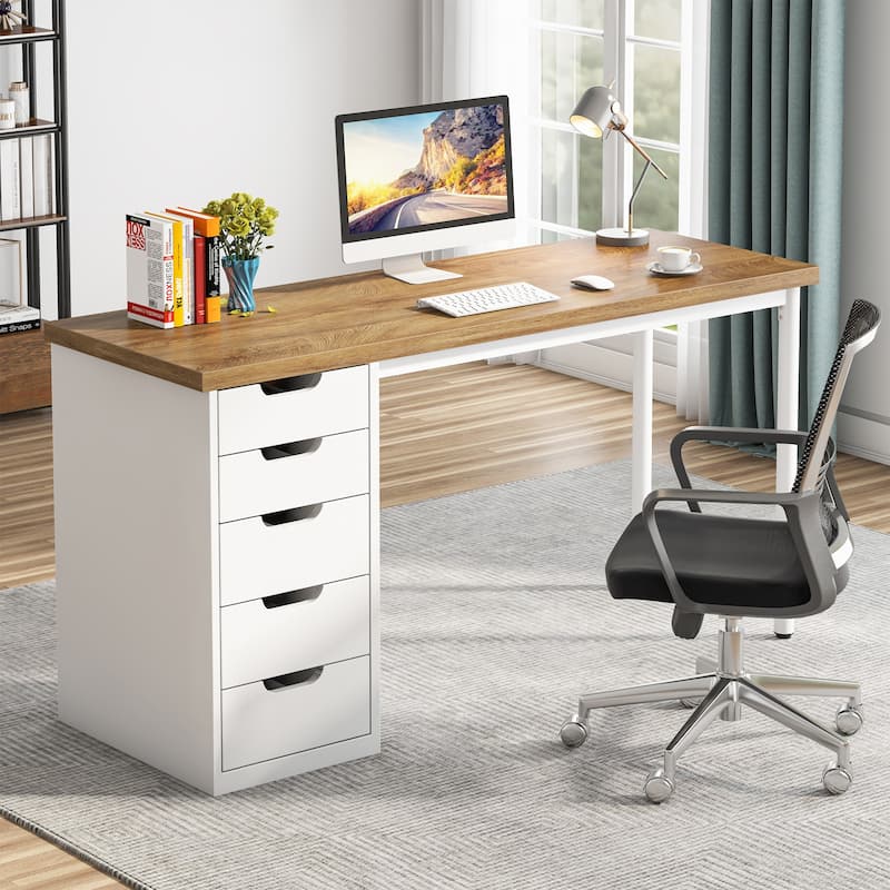 47-inch Computer Desk with 5-drawer, Wood and Metal Writing Desk for Study Living Room - Walnut+White
