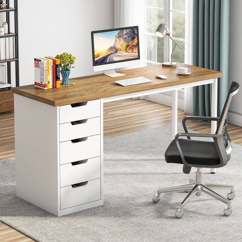 Modern Computer Desk with 5 Reversible Drawers, Storage Home Office Desk, PC/Laptop Desk, Study Writing Table Workstation - LightBrown+White