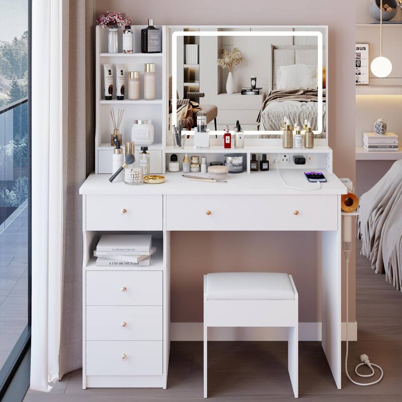 41" Large Size Left Drawer Desktop Vanity Table + Cushioned Stool Dresser Set, 2 AC+2 USB Power Station, Hair Dryer Stand - White
