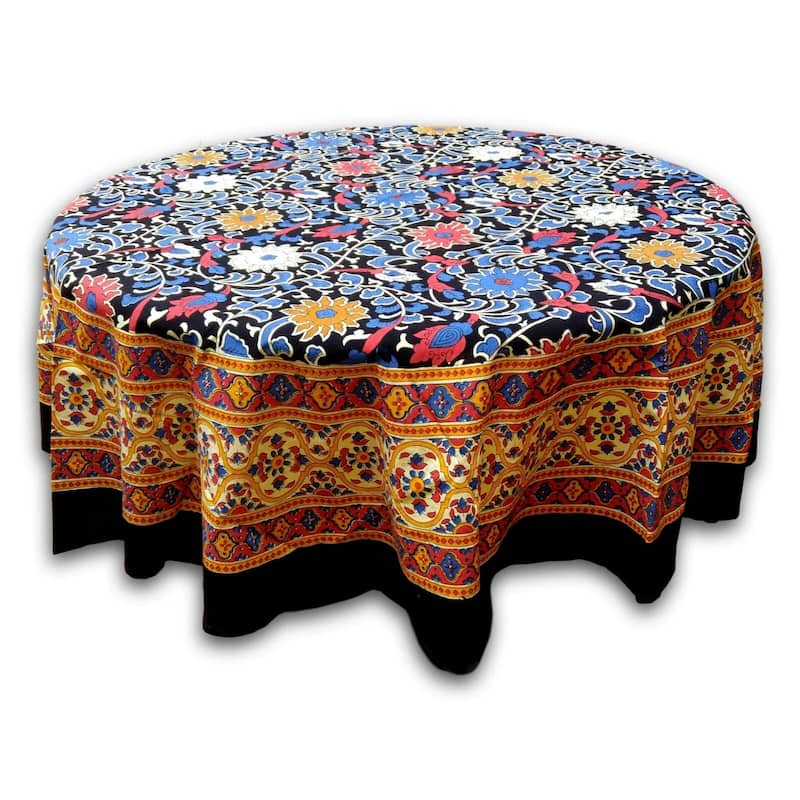 Cotton Blossoming Sunflower Floral Tablecloth Collection - 72 inches round - Black Red Yellow
