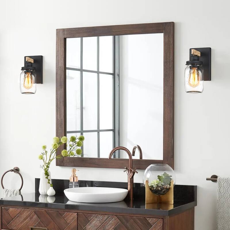 1-Light Black/Wood Tone Rustic Farmhouse Wall Sconce with Clear Mason Jar Glass Shade - 10"H x 4.7"W x 5.4"D