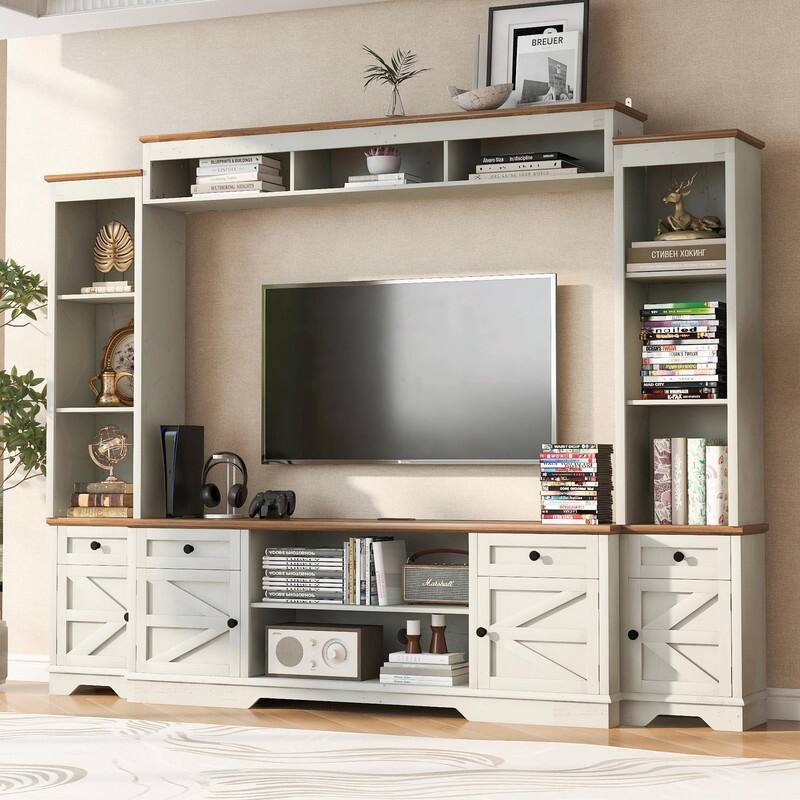 98.8" Wide Wall Unit Entertainment Center with Bookshelves for TVs up to 80" - White+Walnut