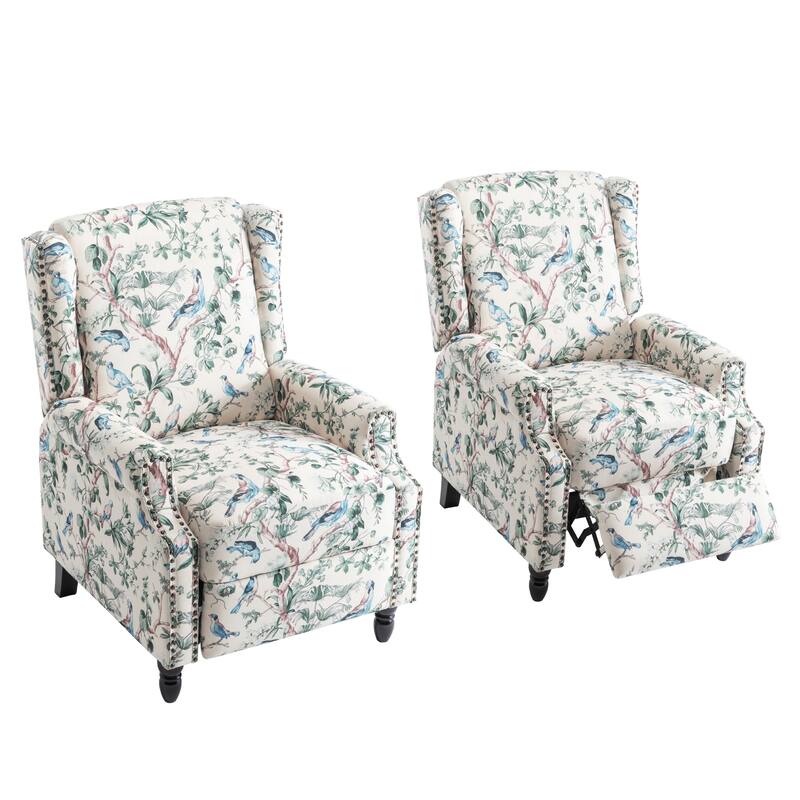 Floral Linen Manual Recliner Chair with Footrest set of 2