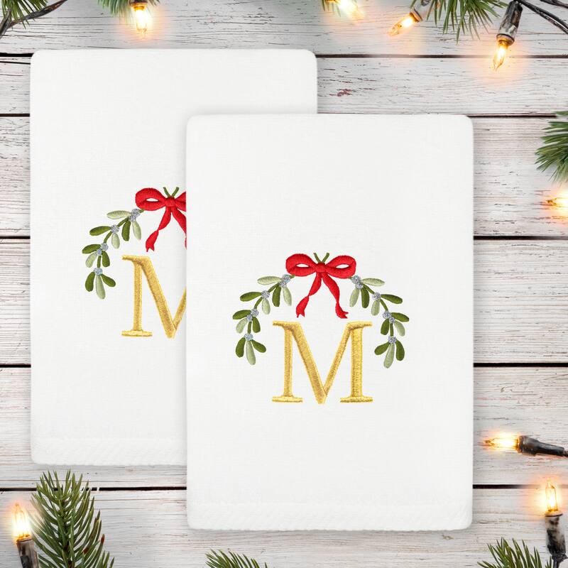 Authentic Hotel and Spa Christmas MISTLETOE MONOGRAM Embroidered Luxury 100% Turkish Cotton Hand Towels Set of 2