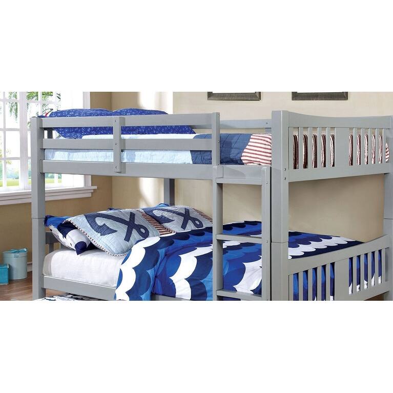 Full Over Full Bunk Bed with Attached Ladder, Gray Finish, Transitional Style, Upper Bed Rails, Lock Joint Structure