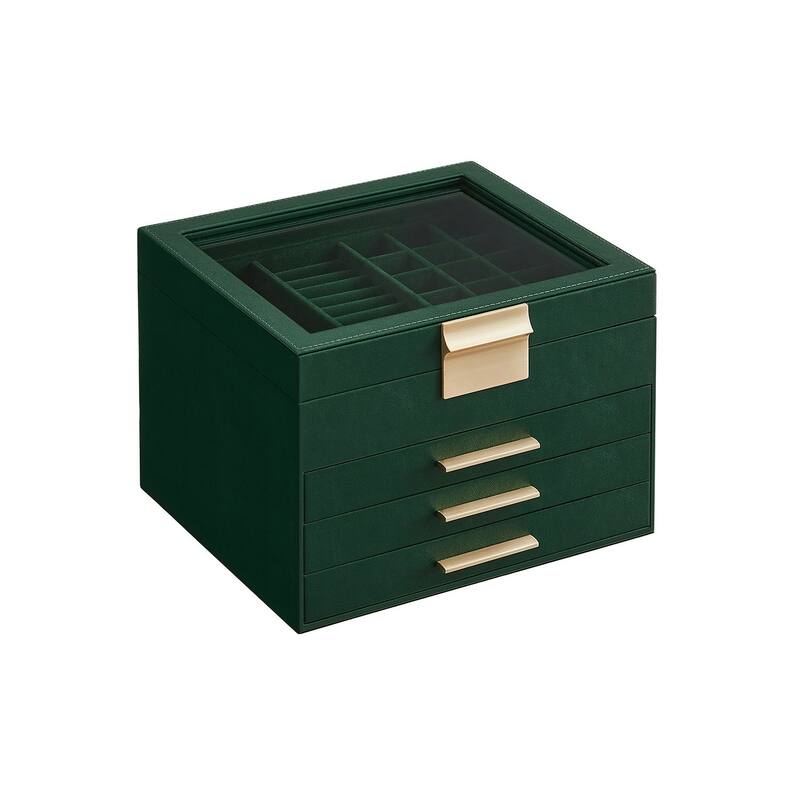 Modern Jewelry Organizer with Multiple Drawers Glass Top and Velvet Interior for Storage - 4- Layer - Forest-Green-Gold