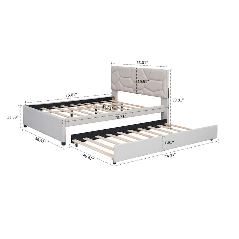 Modern Stylish Linen Fabric Upholstered Platform Bed with Trundle Bed
